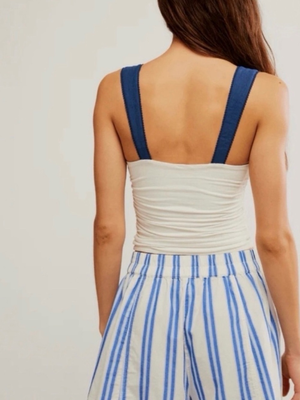 Free People Cream Ruched Tank with Blue Straps